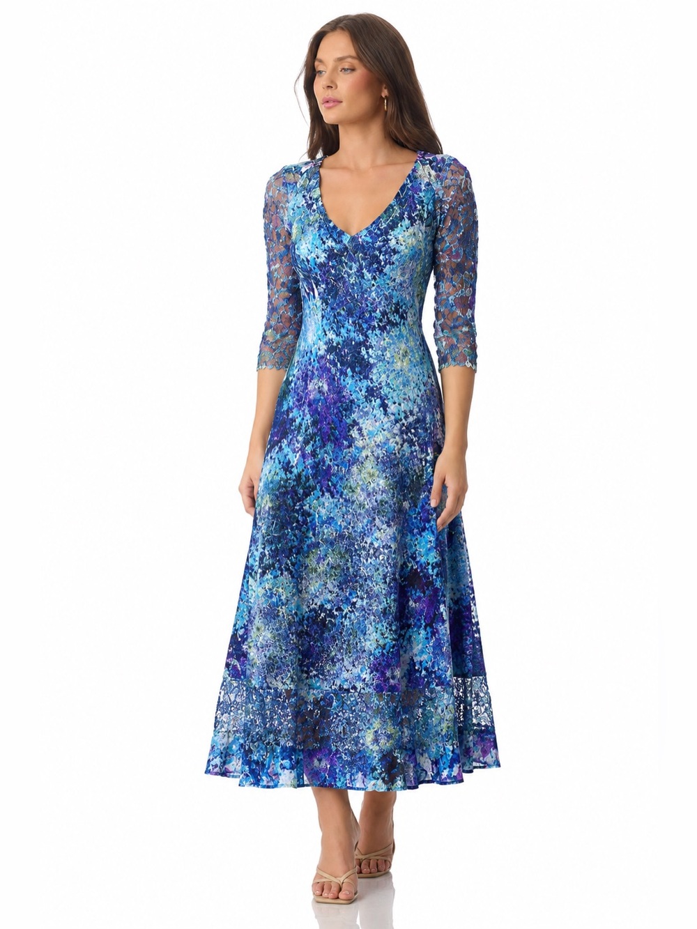 NWT Komarov Emma Blue Purple
Watercolor Mosaic Pleated V-Neck
Maxi Dress Size M